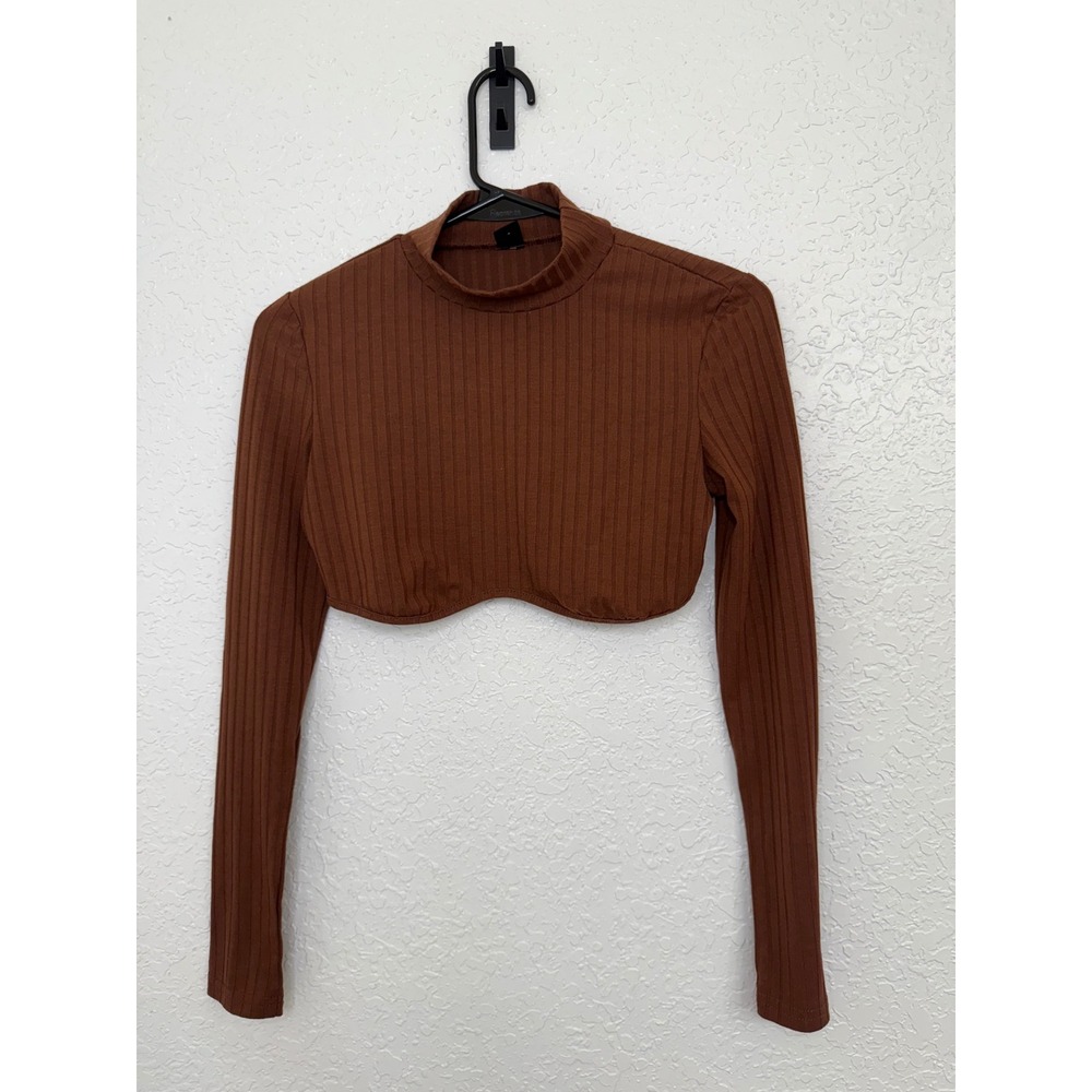 Shein Brown Ribbed Knit Mock Neck Long Sleeve Crop Top Womens Size S